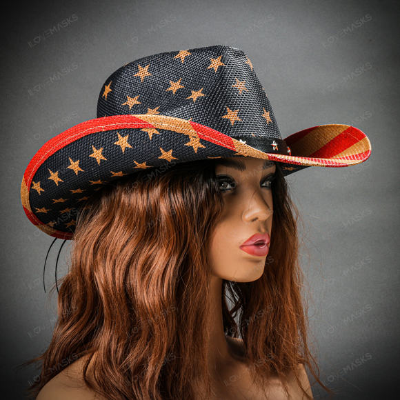 Cowboy USA Flag Curved Brim Party Hat - Blue Red - Picture 4 of 10